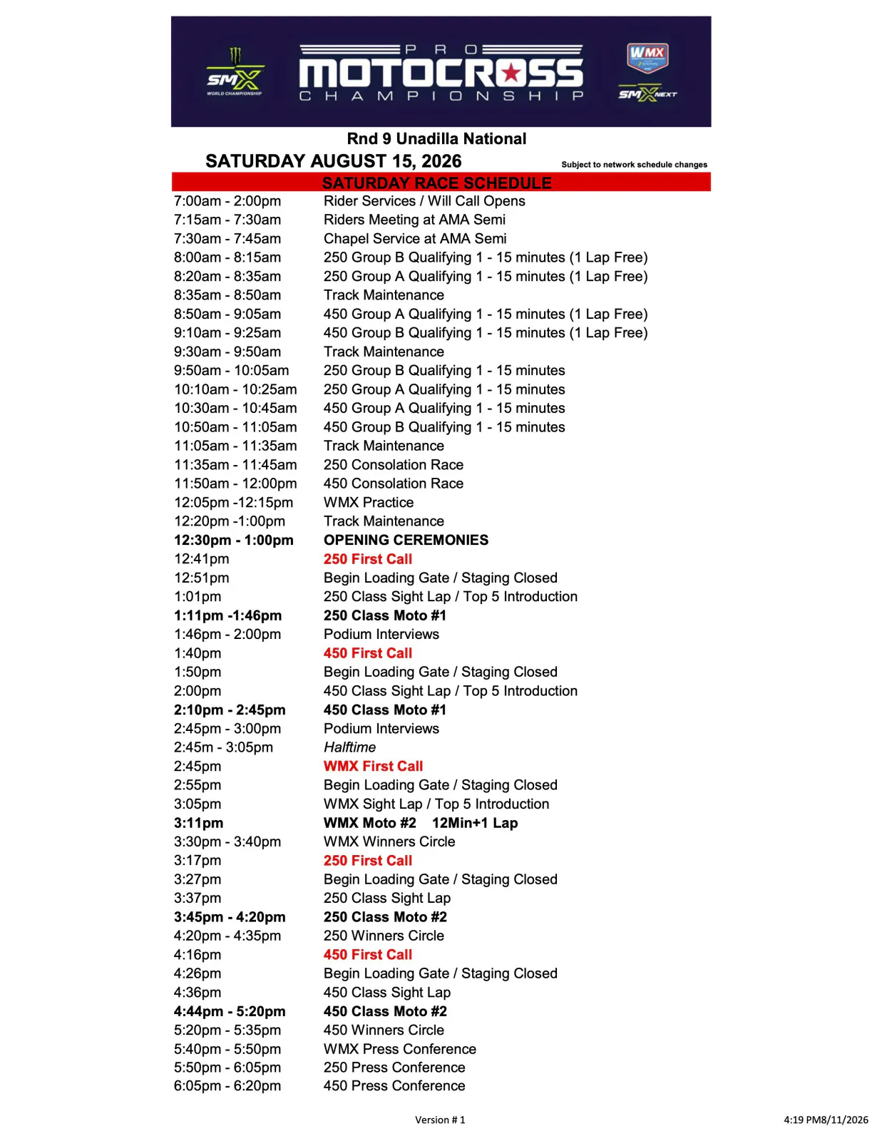 Unadilla National Schedule