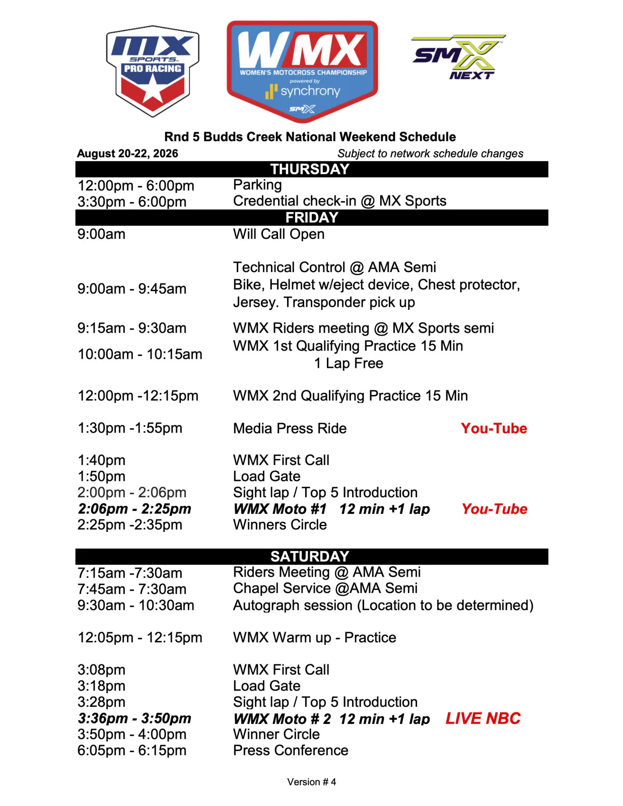 WMX Budds Creek weekend schedule