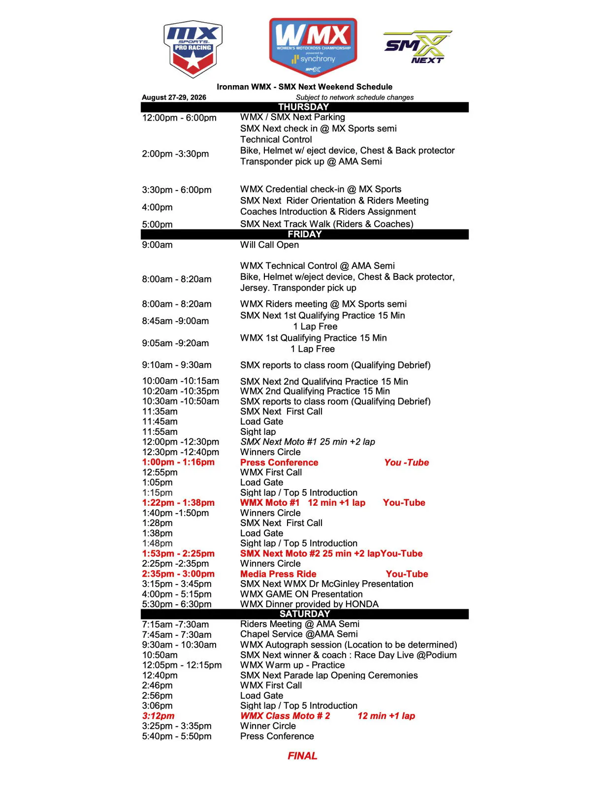 WMX and SMX Next Ironman weekend schedule